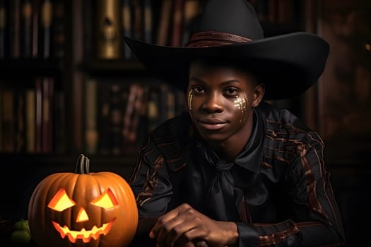 Portrait of a black kid dressed as a witch with a black hat and sparkle makeup next to a carved pumpkin.