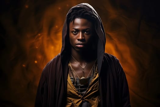 A striking portrait of a young black man wearing a hooded cloak, set against a mysterious, glowing background.