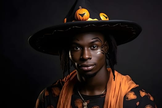 Portrait of African American young adult man wearing a witch hat decorated with pumpkins, festive makeup, and orange scarf for Halloween.