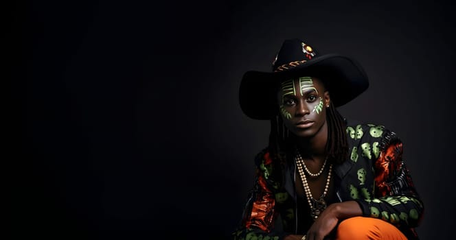 African American man wearing face paint, a cowboy hat, and a stylish Halloween outfit is striking a pose against a dark background with copy space