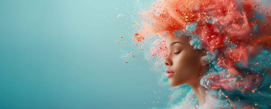 Woman colorful splashes, creativity explosion, positive thinking, self identidy and wave of imagination, consciousness of mind