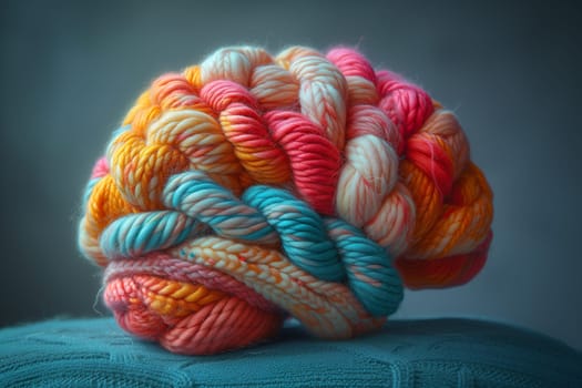 Human brain knitted with wool, self esteem and mental health concept, positive thinking, creative mind, consciousness