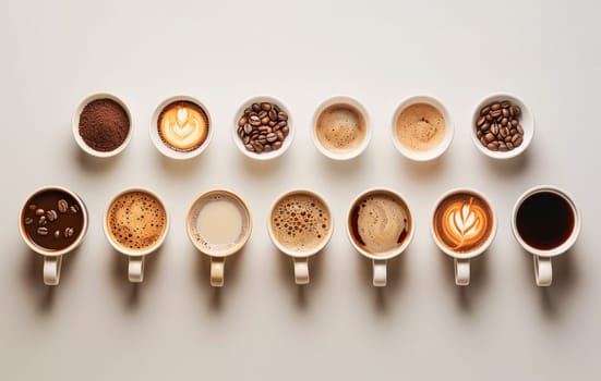 Variety of coffee like cappuccino, espresso, milk coffee, hot drink for breakfast, take a break