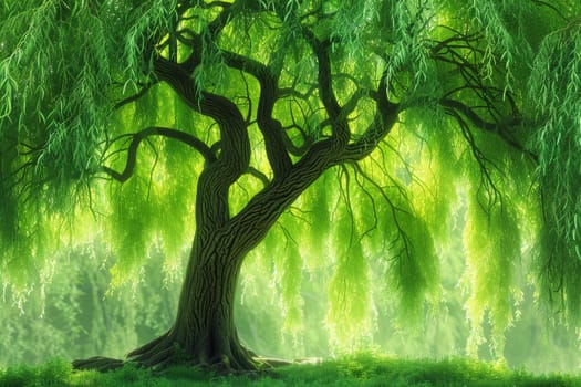 Graceful weeping willow tree with cascading branches and vibrant green foliage, ideal for garden-themed designs