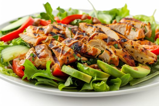 Grilled chicken salad with avocado and dressing on a transparent white background
