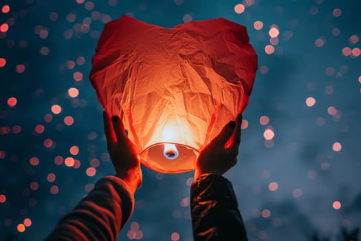 Hands releasing a heart-shaped lantern into the night sky