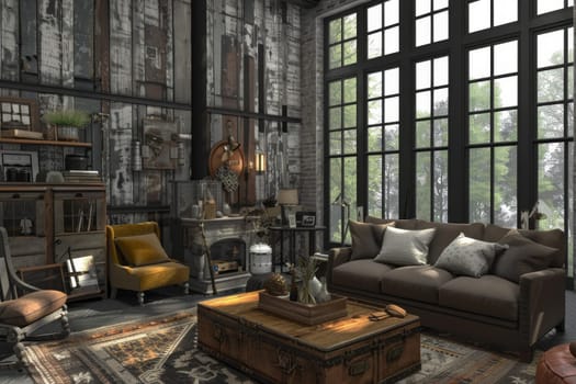 Industrial farmhouse living room with a mix of rustic and modern elements