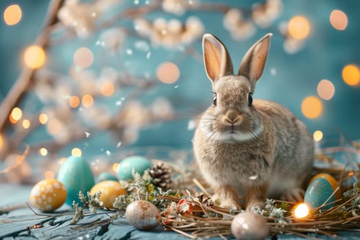Happy Easter greeting card with a whimsical bunny and festive decorations