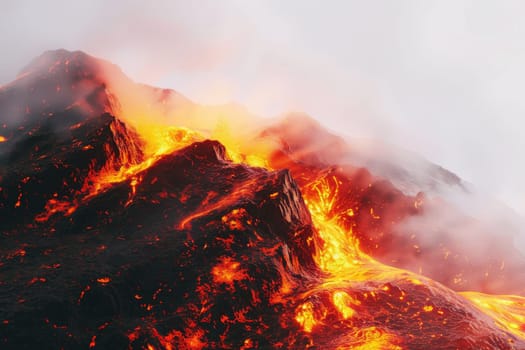 Intense heat radiating from a glowing lava flow against a soft transparent white backdrop, symbolizing volcanic activity