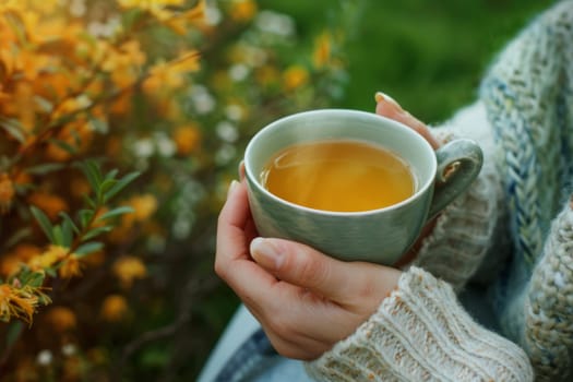 Hands holding a cup of herbal tea, sipping slowly to unwind and de-stress