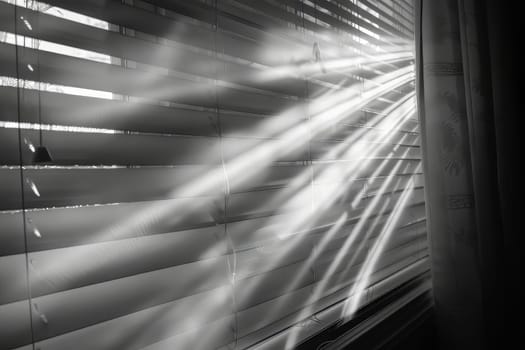 Heavenly light rays streaming through window blinds on a transparent white surface, adding a touch of coziness
