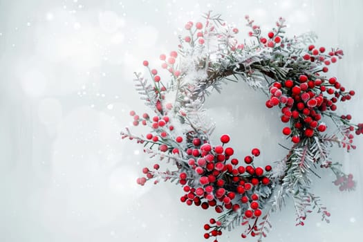 Joyful Christmas wreath on a soft transparent white surface, evoking holiday cheer