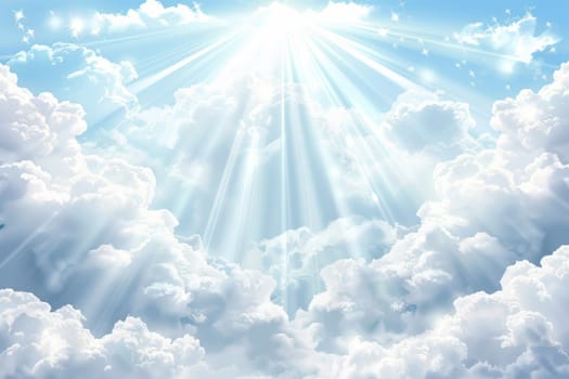 The sky is filled with clouds and the sun is shining brightly through them. Concept of hope and positivity, as the sun's rays break through the clouds, illuminating the sky