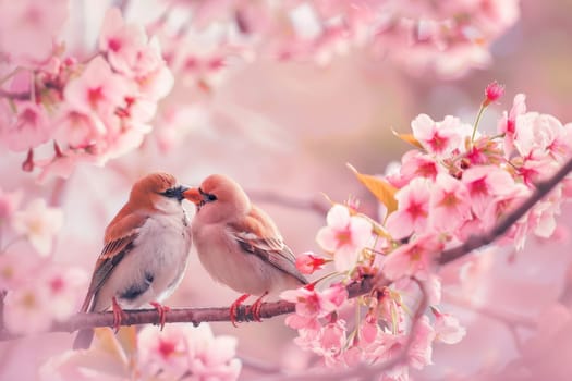 Lovebirds embracing under a cherry blossom tree