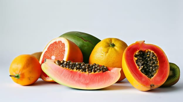 A variety of fruits including oranges, kiwis, and melons are displayed on a white background
