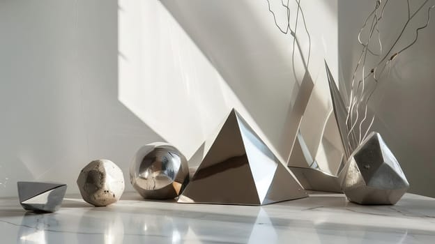 A collection of shiny, metallic vases and sculptures are arranged on a white surface