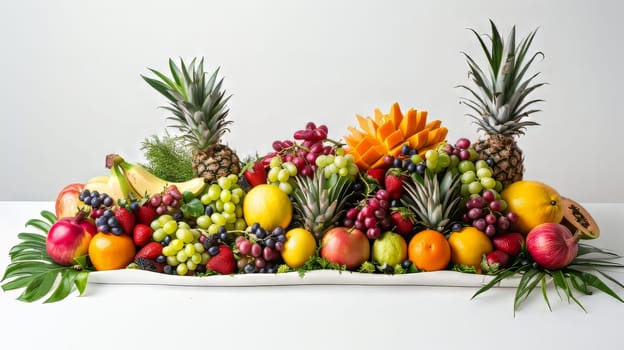 A fruit display with a variety of fruits including apples, oranges, and grapes. The arrangement is colorful and fresh, giving off a healthy and inviting vibe