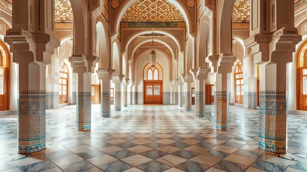 A large, empty room with a lot of pillars and a lot of tiles on the floor