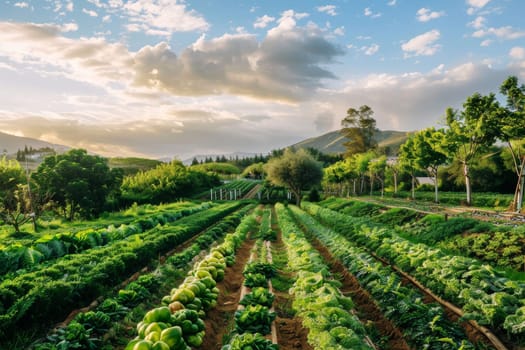 Organic farm with rows of vegetables and fruit trees, promoting pesticide-free agriculture