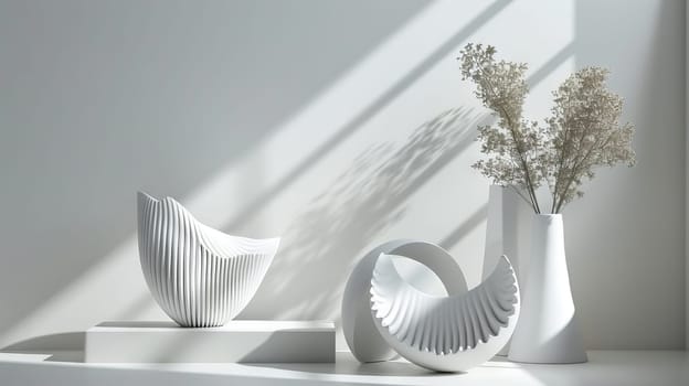 A white vase with a white flower in it sits on a table next to a white sculpture
