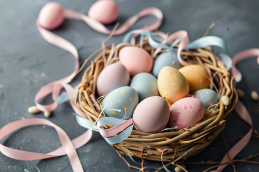 Pastel-colored Easter eggs arranged in a decorative basket with ribbon accents
