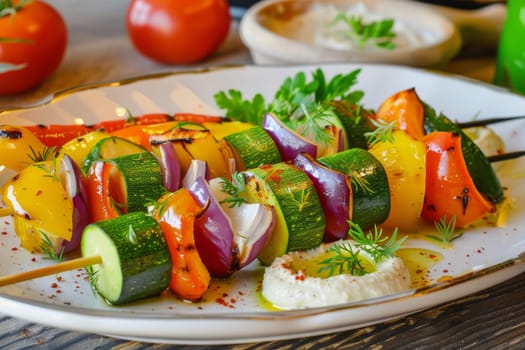 Plate of colorful vegetable skewers with a side of hummus, a nutritious appetizer