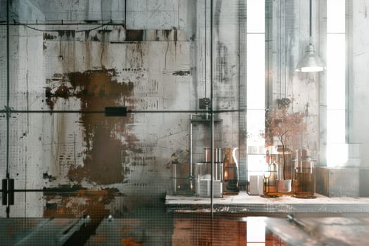 Industrial-style decor elements against a soft transparent white surface, ideal for urban designs