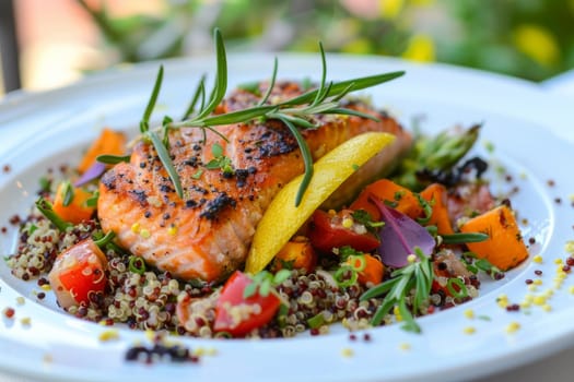 Plate of grilled salmon with quinoa and roasted vegetables, a nutritious dinner choice