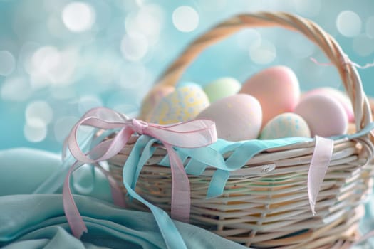 Pastel-colored Easter eggs arranged in a decorative basket with ribbon accents