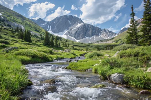 Pristine mountain stream flowing through a remote alpine valley
