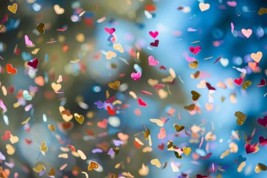 Heart-shaped confetti falling from the sky