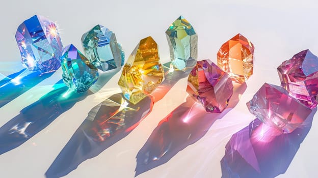 Prismatic gemstone clusters casting colorful patterns of light against a clean white backdrop