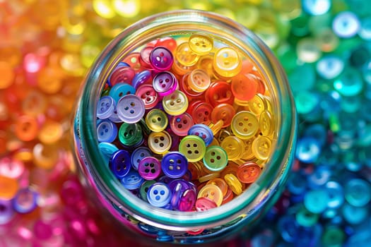 Rainbow-colored buttons transparently arranged in a jar, ready for use