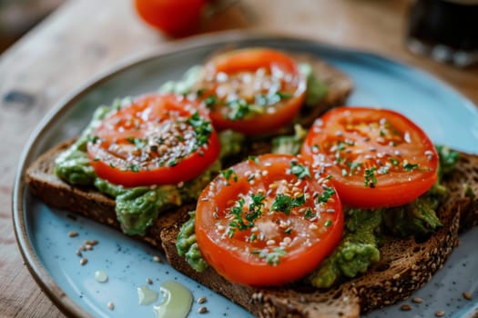 Plate of whole grain toast with avocado spread and sliced tomatoes, a healthy breakfast