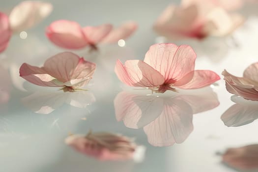 A close up of pink flowers floating in water. The flowers are scattered across the surface of the water, creating a serene and peaceful atmosphere