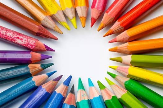 Rainbow-colored crayons arranged transparently in a circular pattern