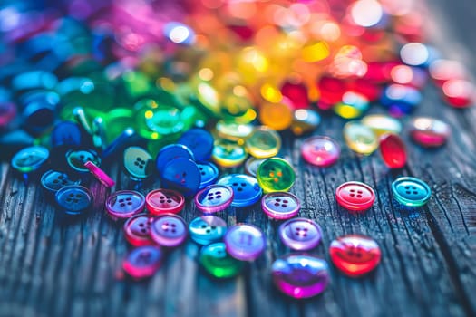 Rainbow-colored buttons transparently scattered on a table
