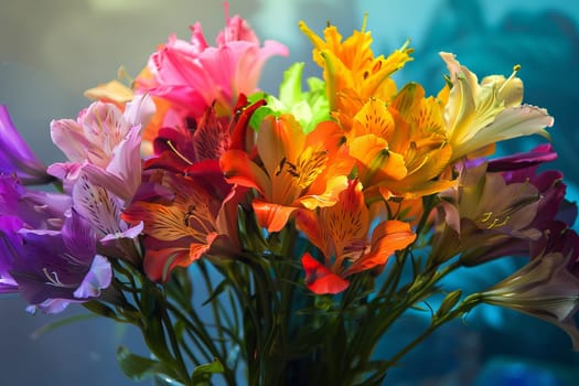 Rainbow-colored flowers transparently arranged in a bouquet