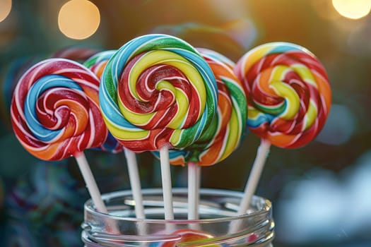 Rainbow-colored lollipops transparently arranged in a jar, inviting and delicious