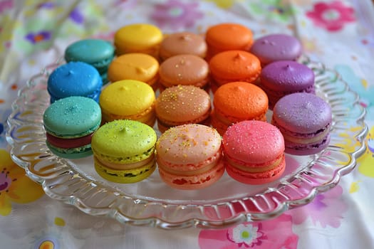 Rainbow-colored macarons arranged elegantly on a transparent plate