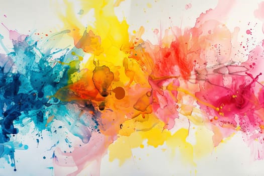 Rainbow-colored paint splatters transparently creating a lively abstract artwork