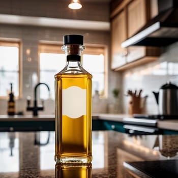 Olive oil glass bottle in a kitchen counter, editable PSD mock-up series with smart object layers template ready for your design
