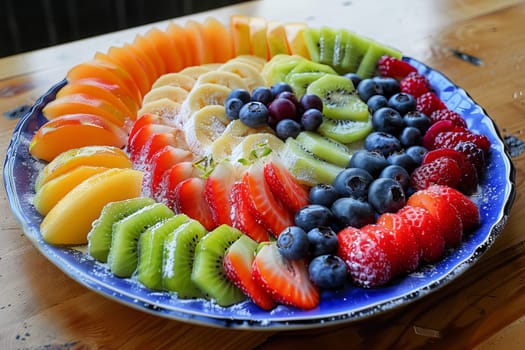 Rainbow-colored fruit transparently arranged on a plate