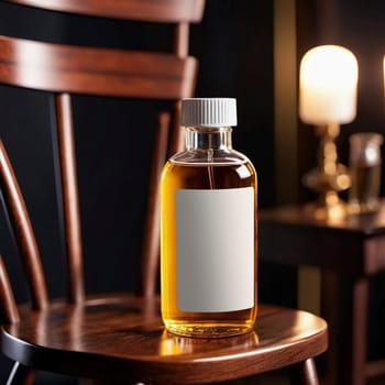 Oil bottle on a chair, editable PSD mock-up series with smart object layers template ready for your design