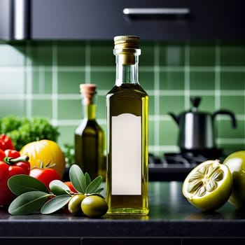 Olive oil glass bottle in a kitchen table, editable PSD mock-up series with smart object layers template ready for your design