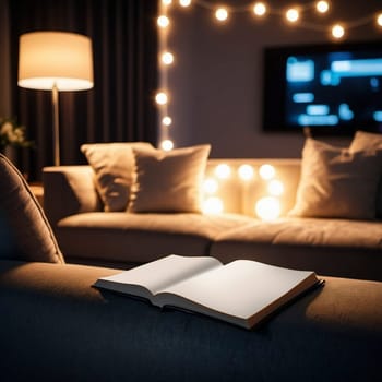Opened book on a sofa in cozy room, editable PSD mock-up series with smart object layers ready for your design