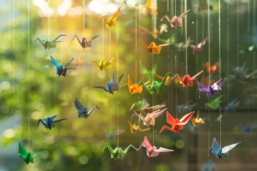 Rainbow-colored origami cranes hanging transparently from a string in a sunny window