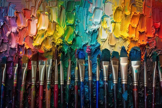 Rainbow-colored paintbrushes transparently arranged on a palette