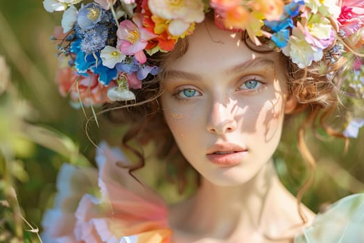 Rainbow-colored flower crown transparently worn by a model, adding charm