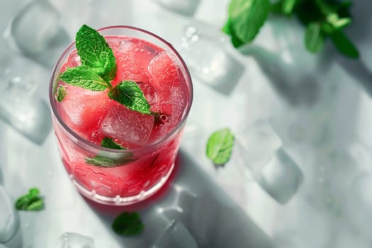 A glass of red drink with a sprig of mint on top. The drink is served in a glass with ice cubes in it